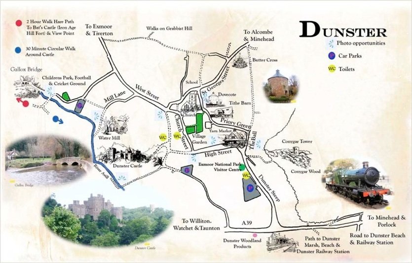 Illustrated map of Dunster village, its streets and landmarks