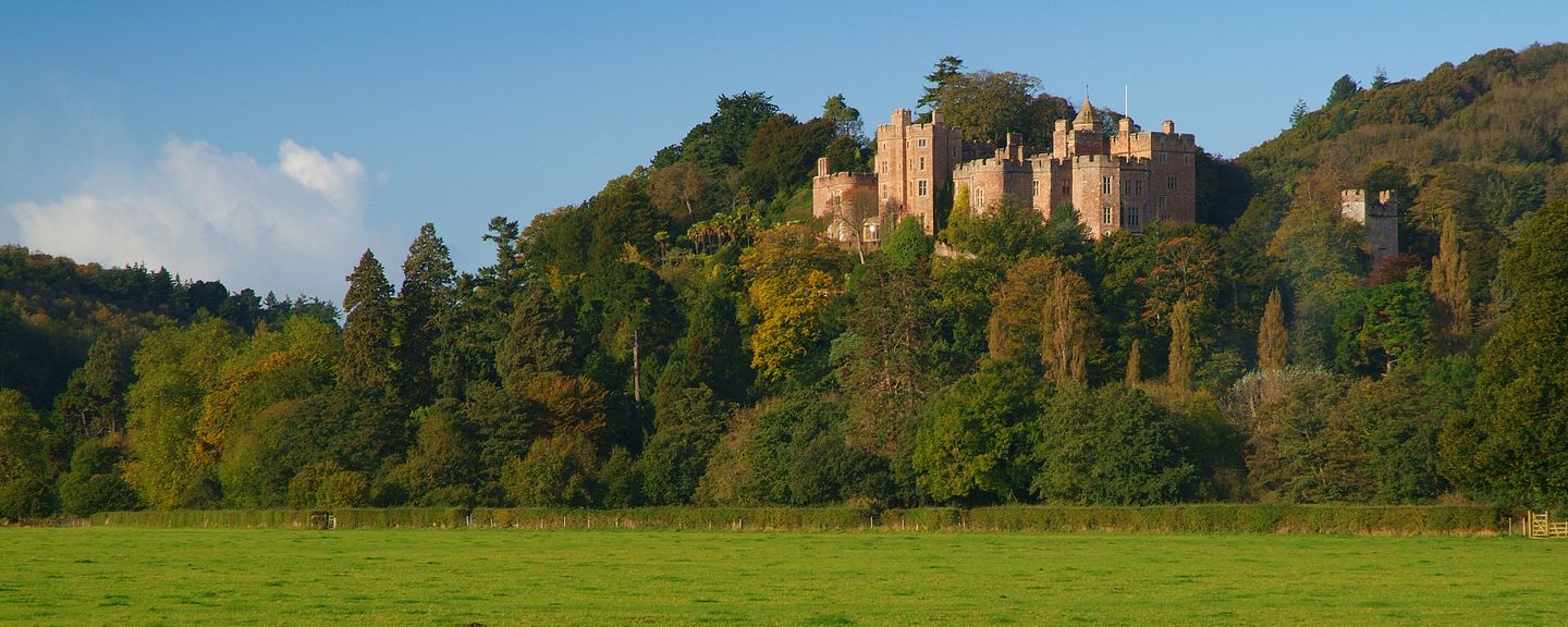 Dunster Castle above its wooded hillside and green meadow
