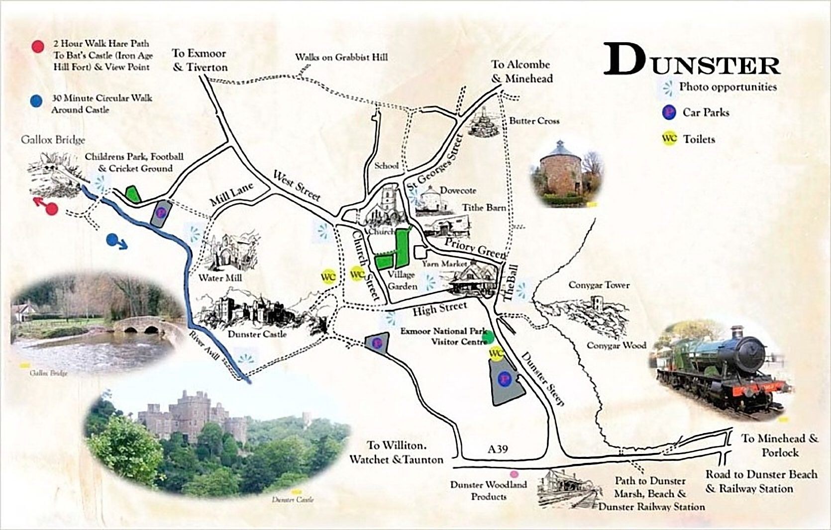 Illustrated map of Dunster village showing the High Street, castle and landmarks